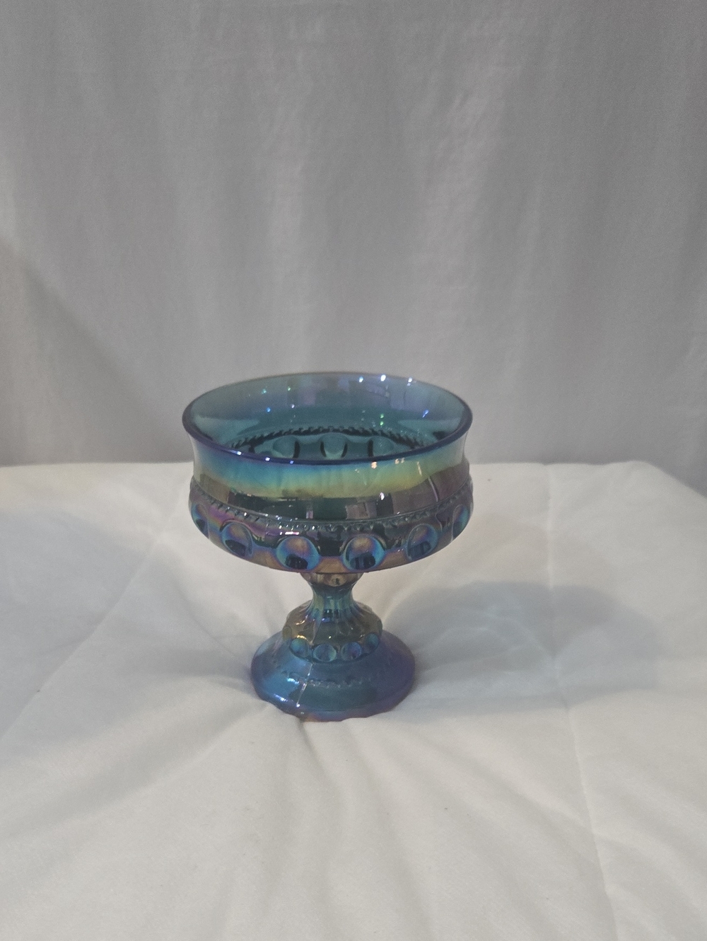 Iridescent Blue Glass Compote - Home Art Indiana Glass